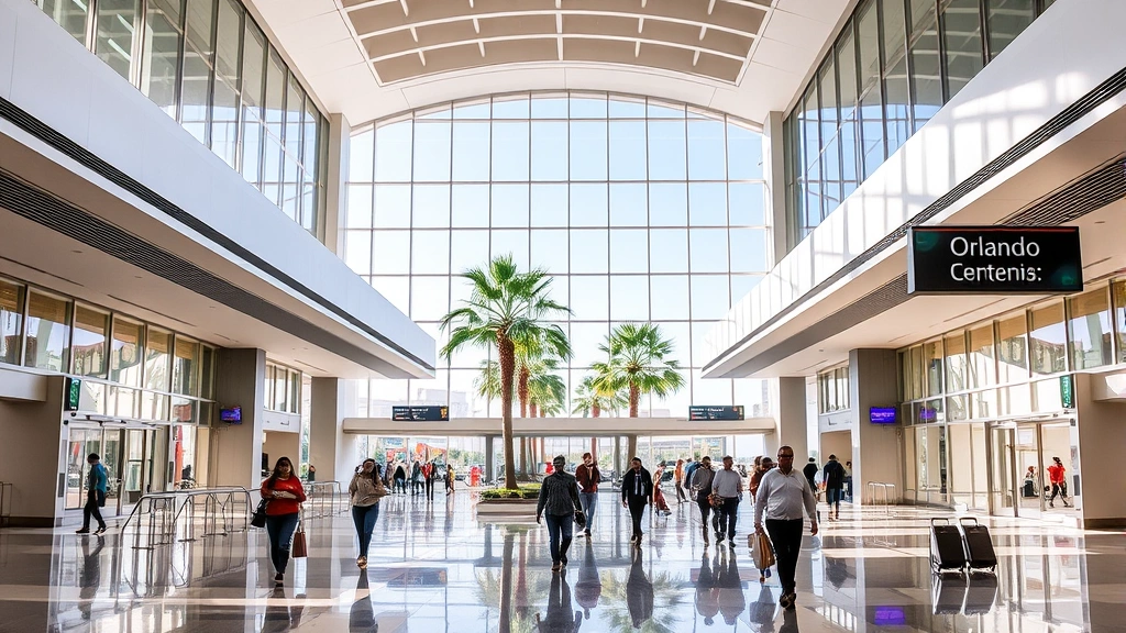 Orlando International Airport terminal interior with modern architecture, passengers walking through bright corridor, tropical palm trees visible through windows
