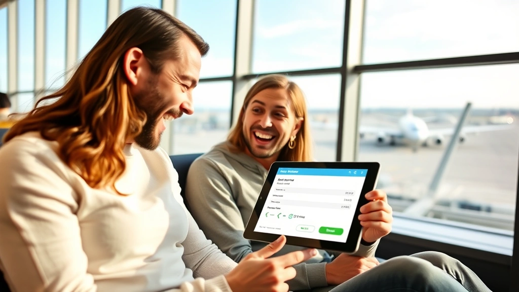 Couple looking at tablet displaying flight booking confirmation, sitting in airport lounge with large windows showing runway and aircraft, excited expressions