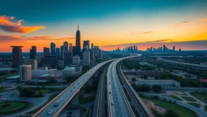 Aerial view of Houston skyline at sunset with Interstate 45 highway stretching toward distant Dallas skyline, golden hour lighting, photorealistic landscape photography