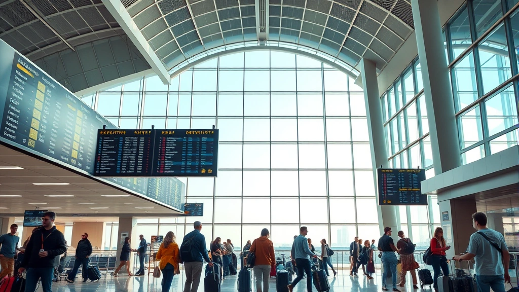 Modern airport terminal interior showing departure boards and travelers with luggage, natural daylight from large windows, diverse passengers checking flights, photorealistic travel scene