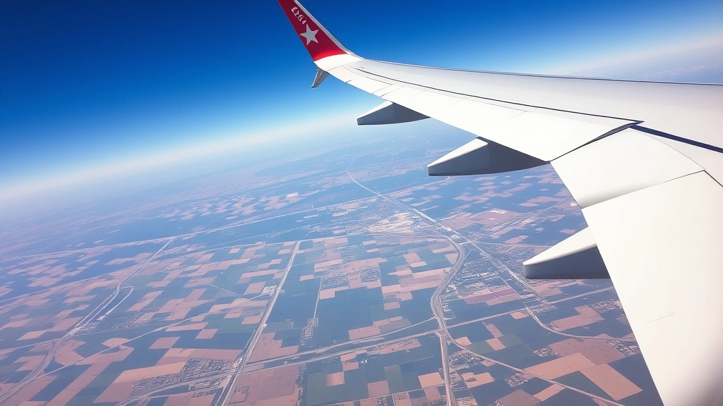 Close-up of airplane wing during flight over Texas landscape with patchwork farmland and highways visible below, clear blue sky, photorealistic aerial perspective