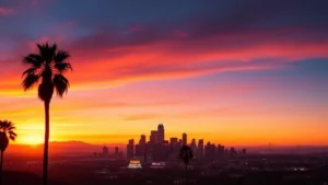 Vibrant Los Angeles skyline at sunset with downtown buildings glowing, palm trees silhouetted against orange sky, California coast visible in distance
