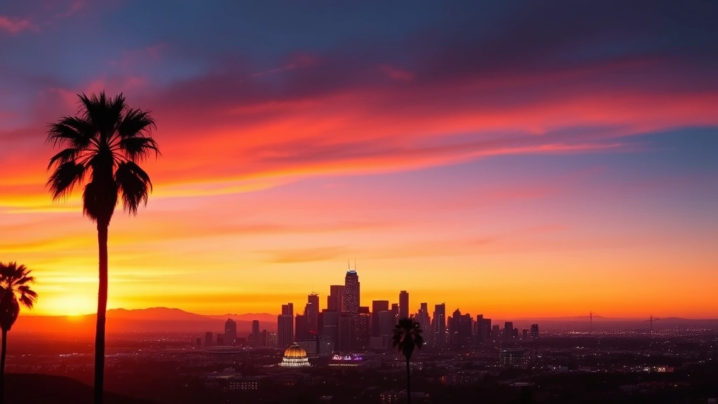 Vibrant Los Angeles skyline at sunset with downtown buildings glowing, palm trees silhouetted against orange sky, California coast visible in distance