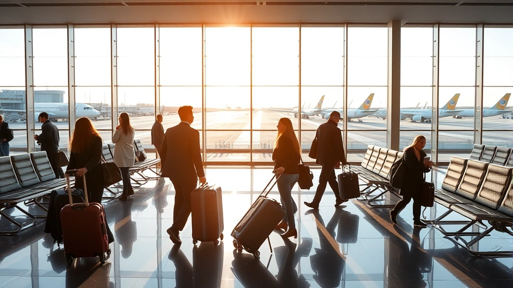 Modern airport departure lounge with passengers with luggage, large windows showing planes, contemporary seating, natural daylight streaming through