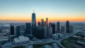 Aerial view of Houston skyline with IAH airport in background, modern glass buildings reflecting sunset light, Texas landscape visible below, photorealistic daytime scene