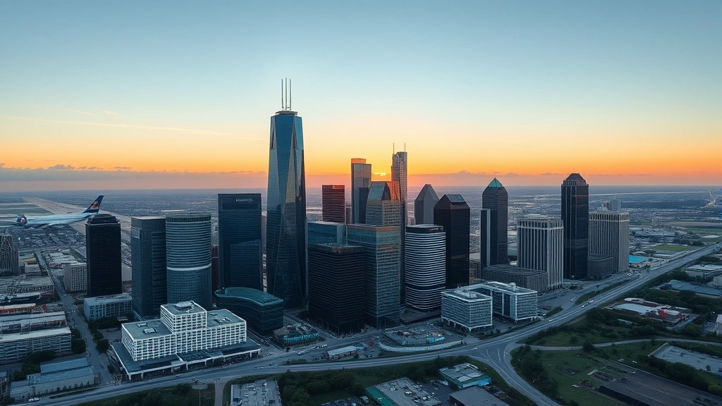 Aerial view of Houston skyline with IAH airport in background, modern glass buildings reflecting sunset light, Texas landscape visible below, photorealistic daytime scene