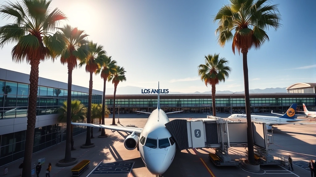 Los Angeles International Airport terminal with palm trees, modern architecture, aircraft boarding at gate, California sunshine, busy travel hub atmosphere