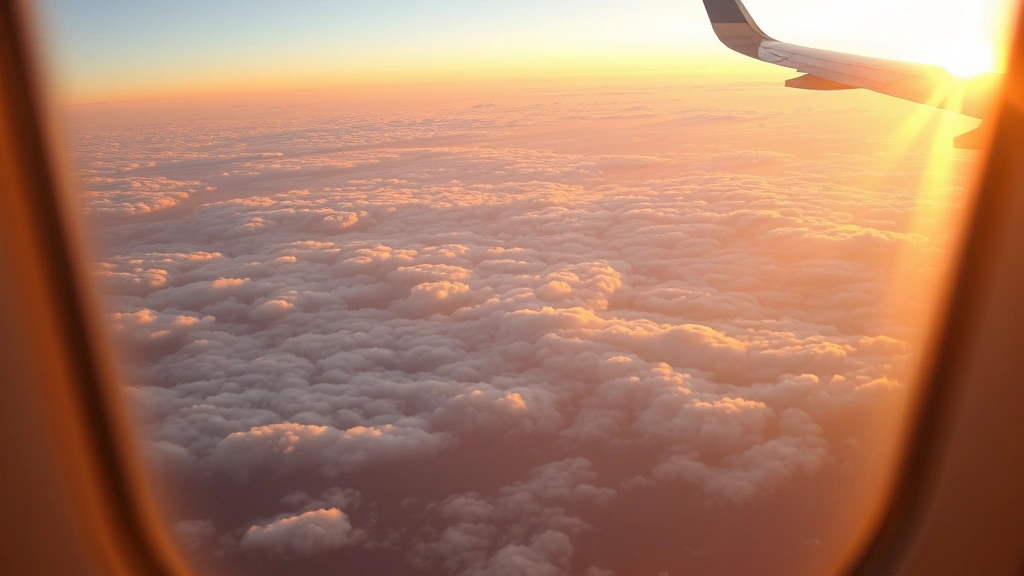 Airplane window view showing clouds and horizon during flight from Houston to LA, golden hour lighting, peaceful journey perspective, photorealistic in-flight photography