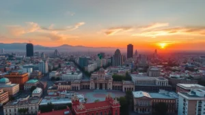 Aerial view of Mexico City skyline with Zócalo plaza and historic architecture at sunset, vibrant cityscape with colonial buildings and modern skyscrapers, no text or signs visible