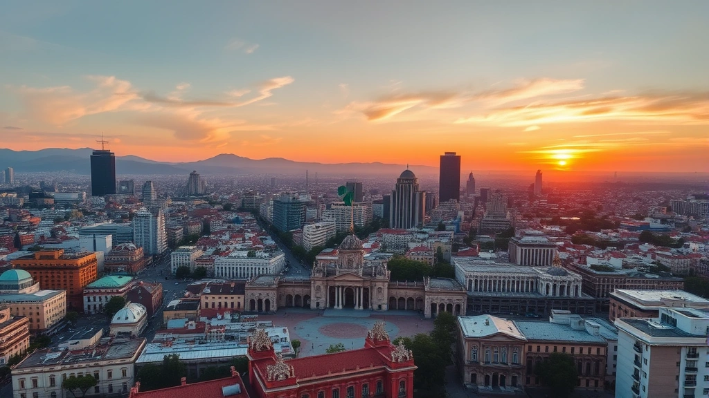 Aerial view of Mexico City skyline with Zócalo plaza and historic architecture at sunset, vibrant cityscape with colonial buildings and modern skyscrapers, no text or signs visible