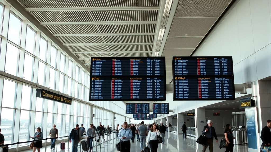 Modern airport terminal interior with departure boards and travelers, busy Houston airport gate area with natural lighting, contemporary architecture, no visible flight information or text