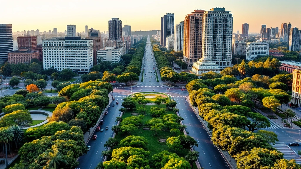 Scenic view of Mexico City's Paseo de la Reforma avenue with tall buildings and green spaces, wide boulevard with trees and urban landscape, golden hour lighting, no street signs or text