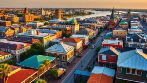 Aerial view of New Orleans French Quarter with Mississippi River, colorful architecture, historic buildings, vibrant streets, daytime golden hour lighting
