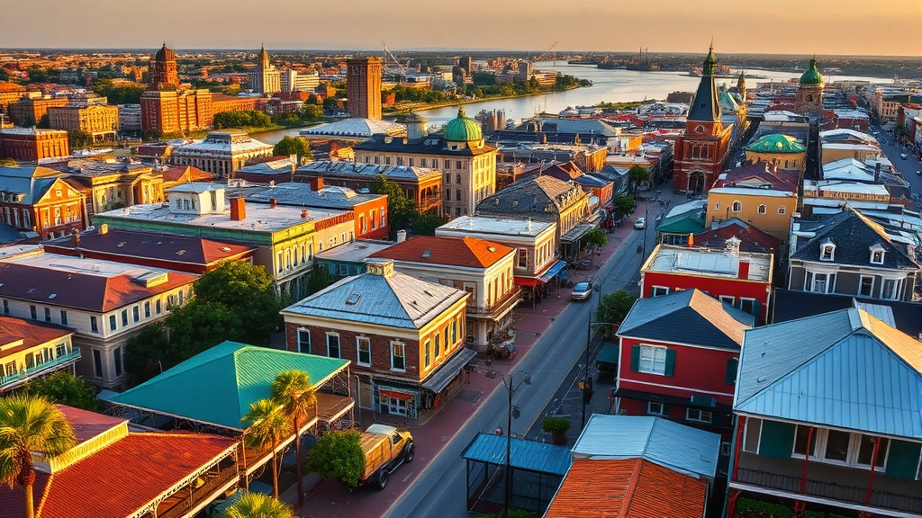 Aerial view of New Orleans French Quarter with Mississippi River, colorful architecture, historic buildings, vibrant streets, daytime golden hour lighting