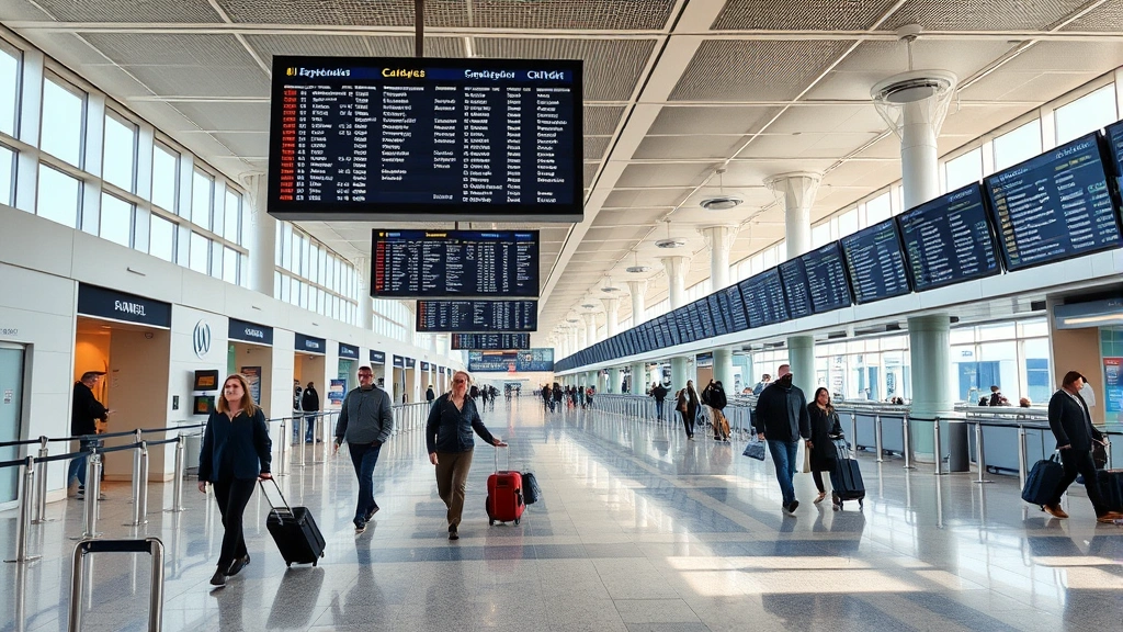Modern airport terminal interior with flight information displays, travelers walking with luggage, departure/arrival boards, bright natural lighting, contemporary design