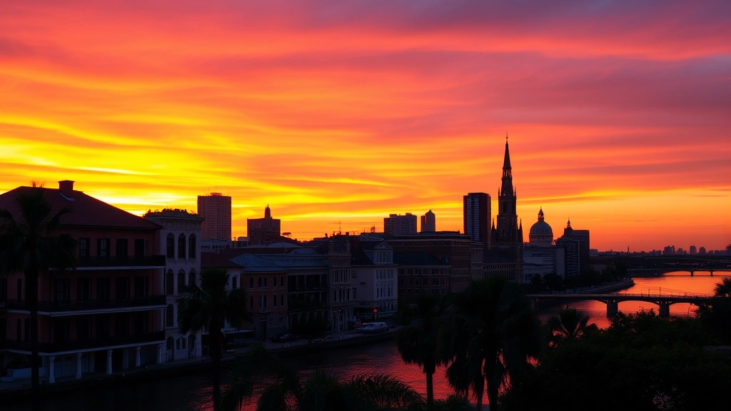 Sunset over New Orleans skyline with historic buildings silhouetted, Mississippi River reflecting orange and purple sky, palm trees, romantic evening atmosphere