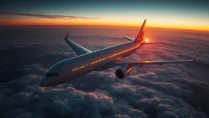 Aerial view of a modern commercial aircraft flying over the Atlantic Ocean at sunset, with clouds below and golden light reflecting off the fuselage, photorealistic travel photography
