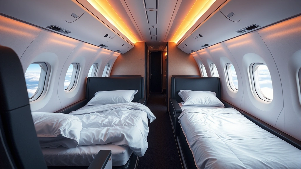 Interior of a modern business class cabin on a wide-body aircraft, featuring fully flat beds, ambient lighting, and a view of clouds outside the window, luxury transatlantic flight experience