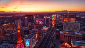 Aerial view of Las Vegas Strip at sunset with bright neon lights and desert landscape, vibrant cityscape photography, no text or signs visible