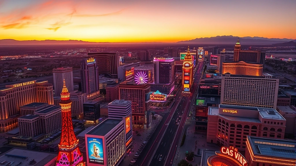 Aerial view of Las Vegas Strip at sunset with bright neon lights and desert landscape, vibrant cityscape photography, no text or signs visible