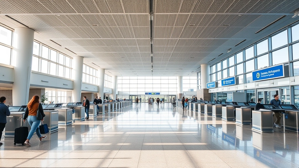 Modern airport terminal with travelers at departure gates, Indianapolis International Airport style interior, natural lighting, no visible signage or text