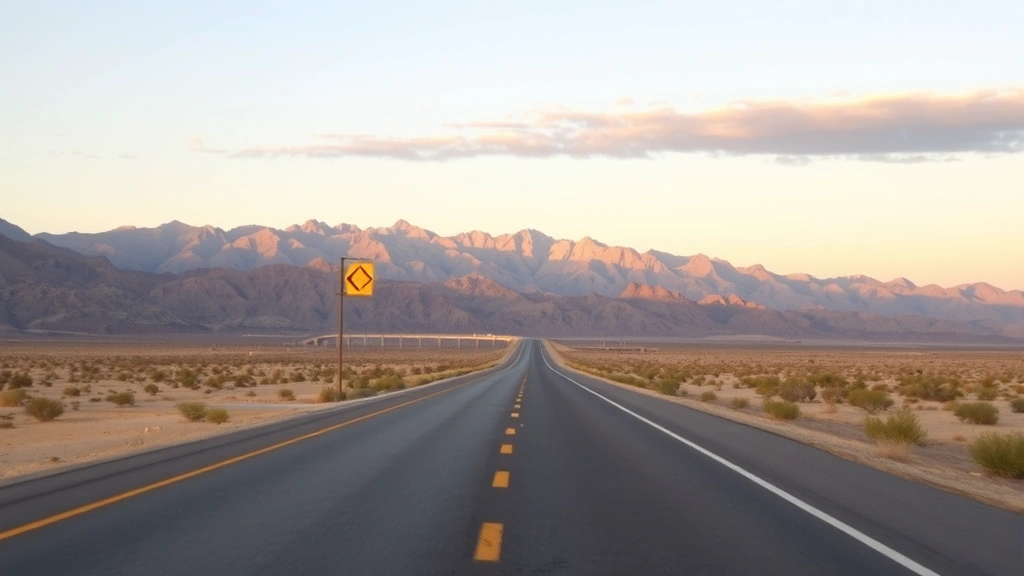 Desert highway leading toward Las Vegas with mountains in background, travel road trip photography, golden hour lighting, no road signs or text visible