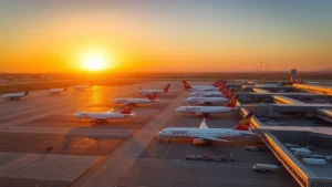 Aerial view of Los Angeles International Airport (LAX) tarmac with multiple aircraft lined up at gates during sunset, golden hour lighting, professional aviation photography