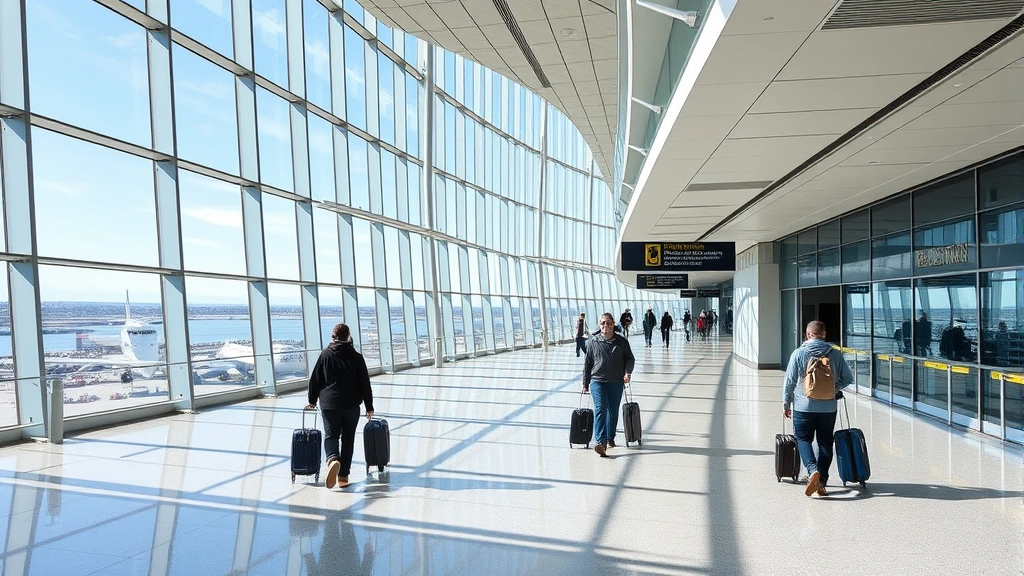 Boston Logan Airport terminal with modern architecture, travelers with luggage walking through bright glass-walled corridors, New England coastal landscape visible through windows