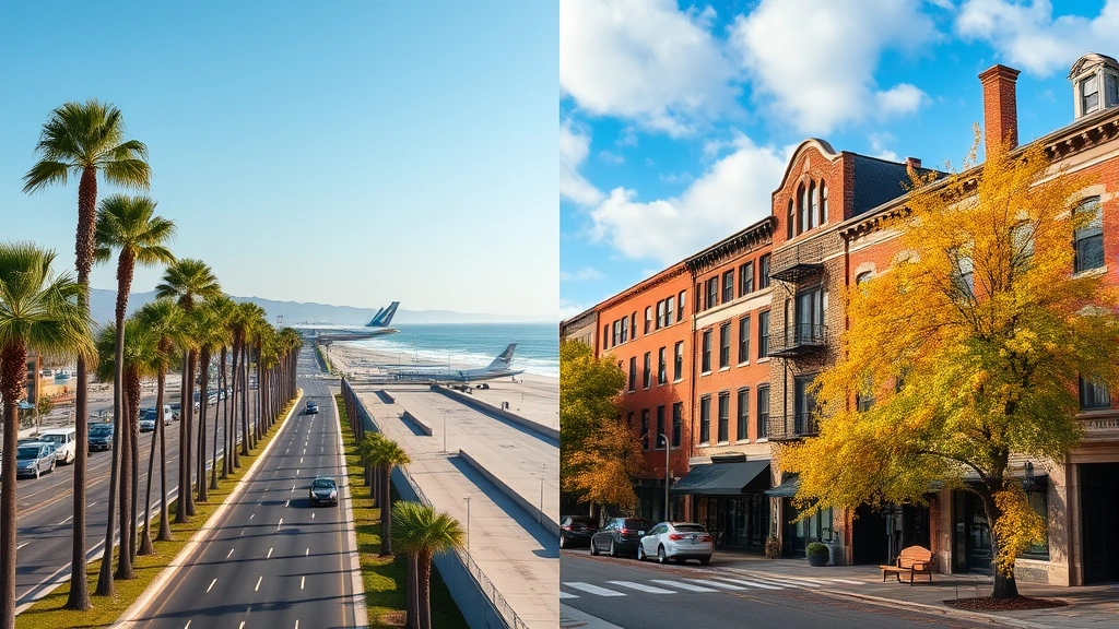 Split-screen comparison: LAX palm tree-lined streets and beaches on left side, Boston historic brick buildings and autumn foliage on right side, vibrant travel contrast