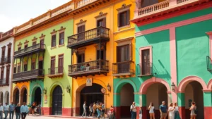 Vibrant Mexican colonial architecture with ornate wooden balconies and colorful facade, sunlit plaza with tourists exploring historic buildings