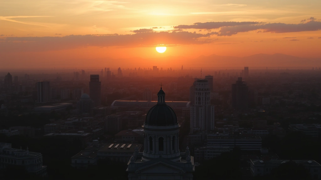 Aerial sunset view over Guadalajara city skyline showing cathedral domes and urban landscape silhouetted against golden orange sky