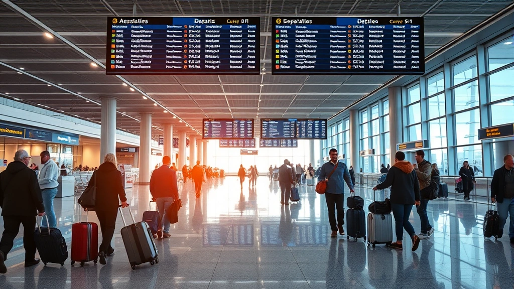 Modern airport terminal interior with travelers checking luggage, departure boards glowing above, bright natural lighting from windows