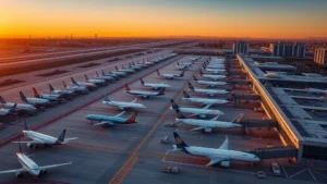 Aerial view of Los Angeles International Airport (LAX) with aircraft lined up at gates, sunset lighting, tarmac and terminal buildings visible, photorealistic travel photography