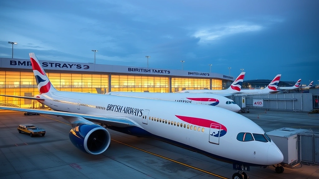 British Airways Boeing 777 aircraft parked at London Heathrow Terminal 5, modern terminal architecture, evening light, professional aviation photography