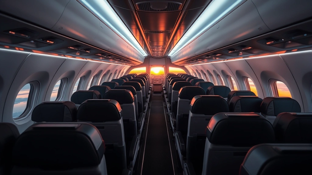 Overhead cabin view of wide-body aircraft interior showing passenger seating configuration, window seats with sunset view, comfortable modern cabin design, travel comfort perspective