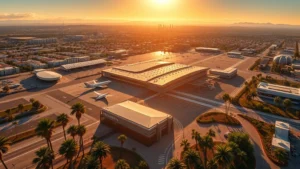 Aerial view of Los Angeles International Airport with palm trees and sunny California landscape, golden hour lighting, photorealistic