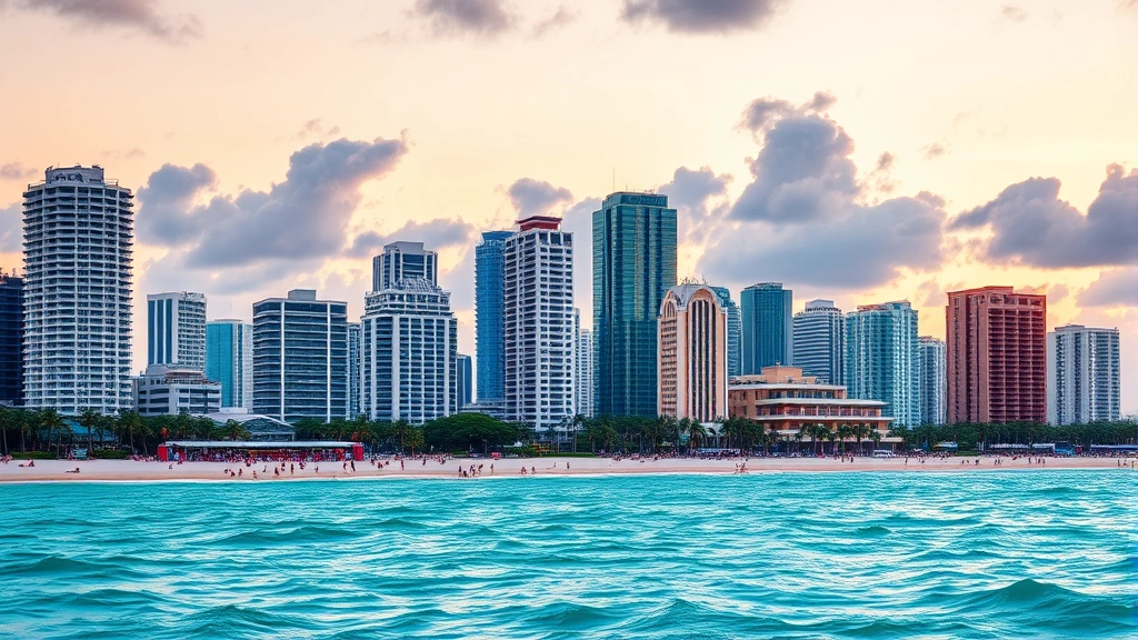 Modern Miami skyline with turquoise ocean waters, Art Deco buildings, and beach scene at sunset, vibrant tropical atmosphere