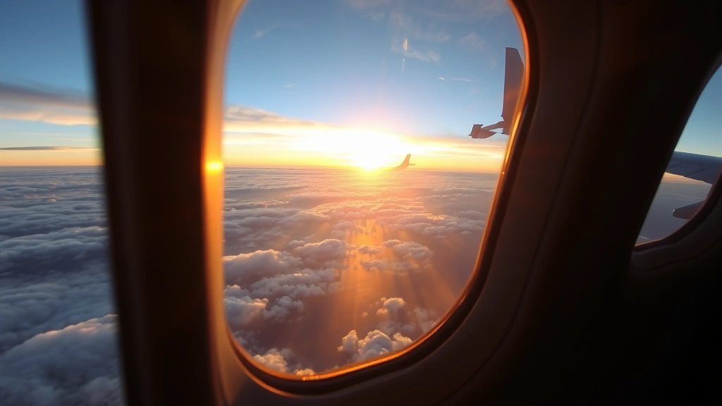 Airplane cabin window view of clouds and sunrise over ocean during cross-country flight, peaceful travel moment
