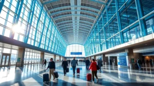 Memphis International Airport terminal interior with modern architecture, blue and glass design, travelers walking with luggage, morning light streaming through windows, vibrant and contemporary