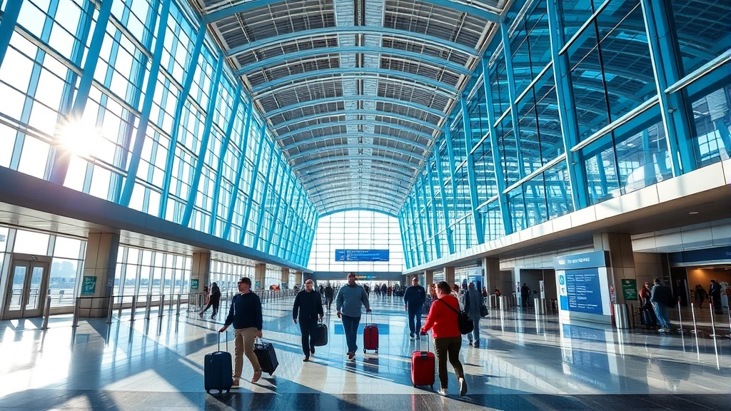 Memphis International Airport terminal interior with modern architecture, blue and glass design, travelers walking with luggage, morning light streaming through windows, vibrant and contemporary