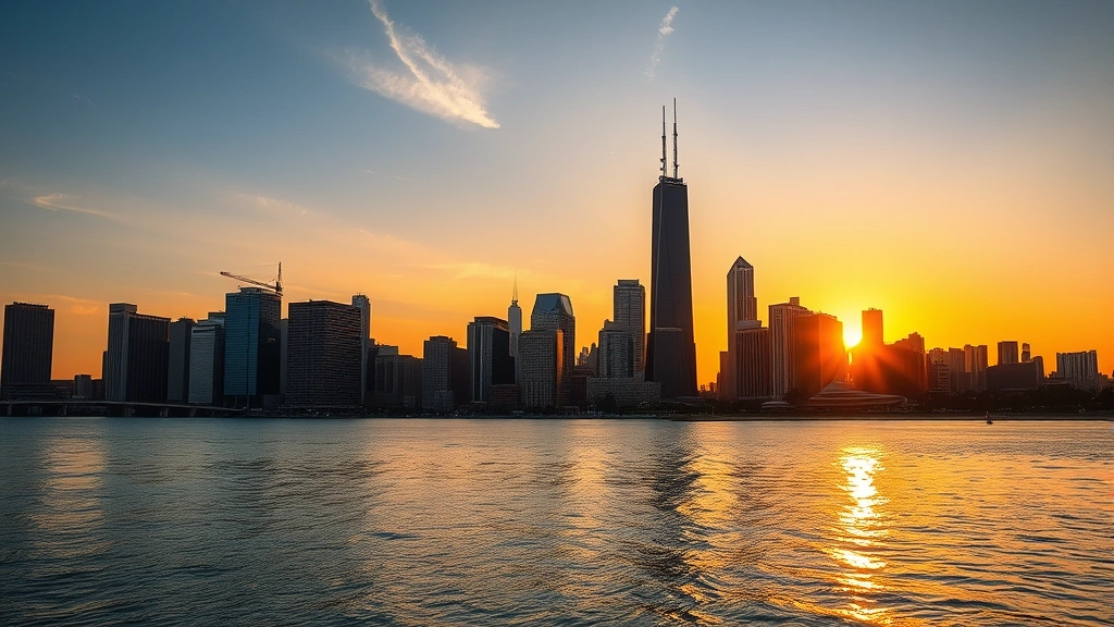 Chicago skyline featuring Willis Tower and Lake Michigan waterfront at sunset, golden hour lighting, downtown buildings reflecting in water, urban landscape photography, no text visible