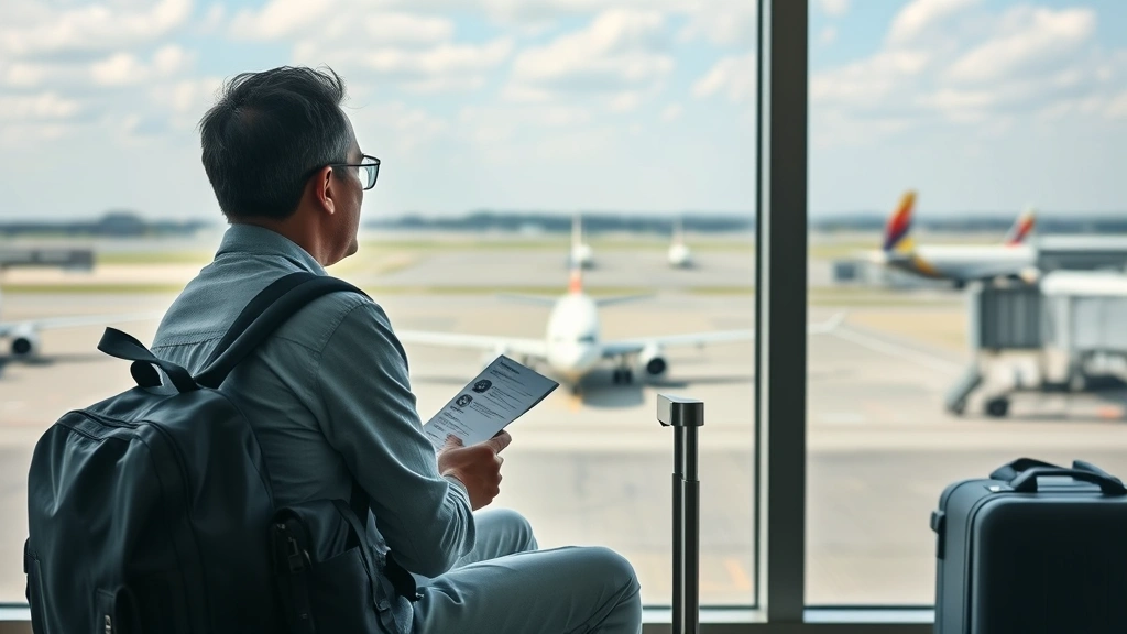 Budget traveler at gate with luggage and ticket, sitting near window overlooking runway with aircraft preparing for departure, natural daylight, authentic travel moment, diverse representation