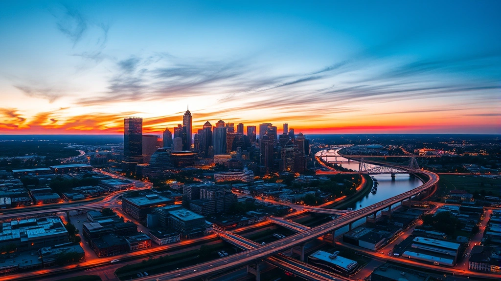Aerial view of Memphis skyline at sunset with Mississippi River winding through downtown, golden hour lighting, vibrant city lights beginning to twinkle, professional travel photography style