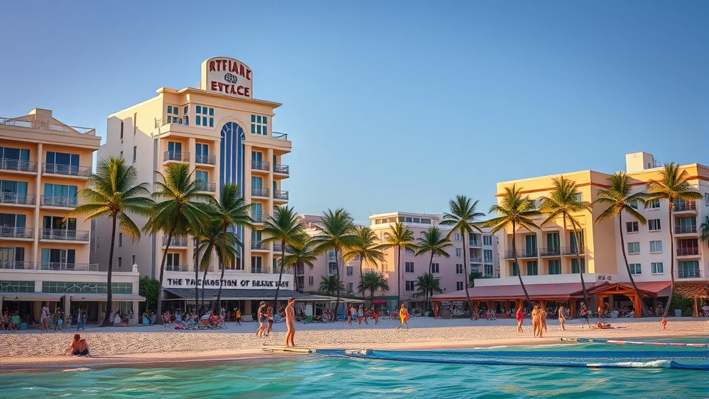 Miami Beach Art Deco buildings in pastel colors with palm trees, turquoise ocean water, sandy beach, clear blue sky, beachgoers enjoying the tropical atmosphere, daytime golden hour
