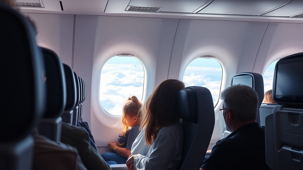 Modern airplane cabin interior with passengers in seats, bright window showing clouds and sky below, comfortable modern aircraft, travel comfort perspective, realistic cabin lighting
