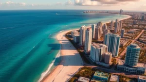 Aerial view of Miami skyline with turquoise ocean waters, modern high-rise buildings, and coastal landscape bathed in golden afternoon sunlight, vibrant tropical atmosphere