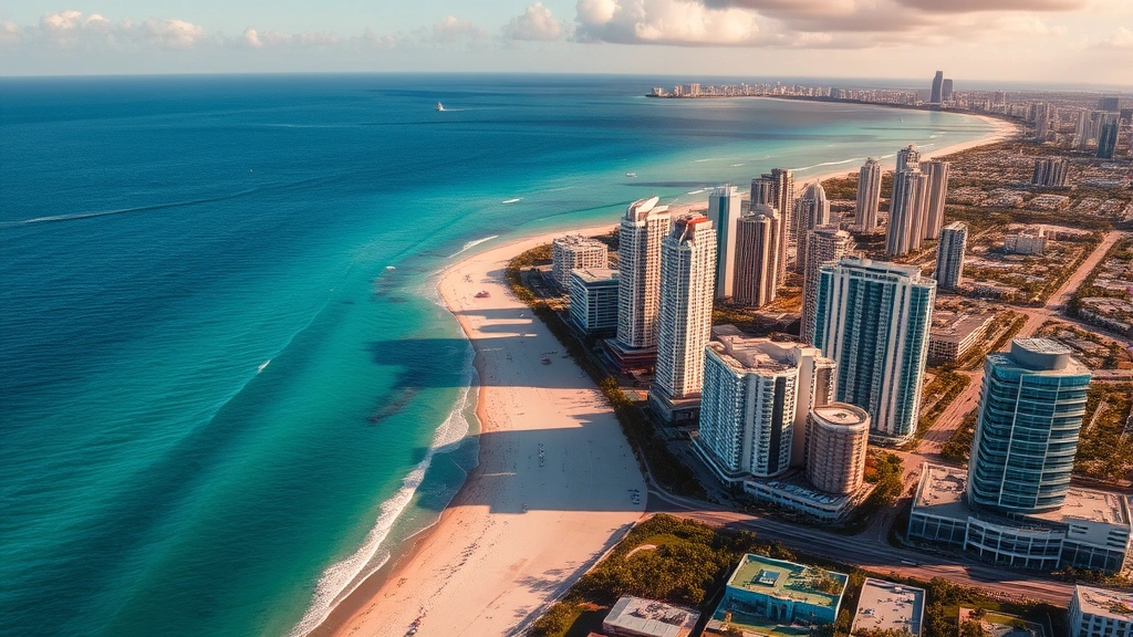 Aerial view of Miami skyline with turquoise ocean waters, modern high-rise buildings, and coastal landscape bathed in golden afternoon sunlight, vibrant tropical atmosphere