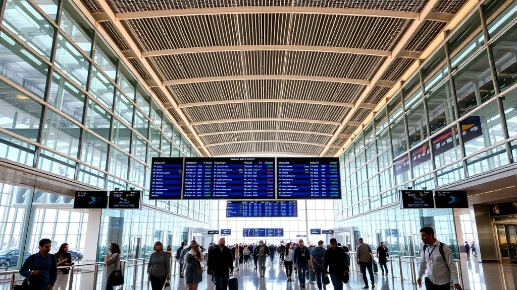Busy Atlanta Hartsfield-Jackson airport terminal interior with travelers walking through modern glass corridors, departure boards visible, contemporary architecture and natural lighting