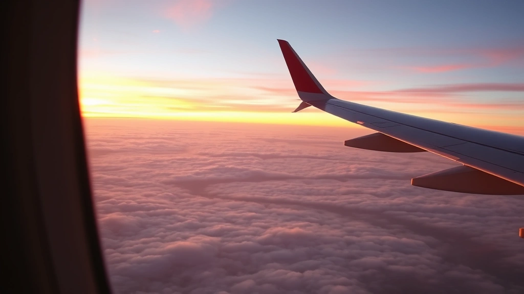 Airplane window view during flight with clouds below, wing visible, sunrise or sunset colors painting the sky in warm orange and pink hues over southeastern landscape