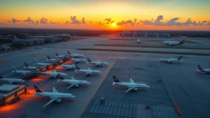 Aerial view of Miami International Airport tarmac with planes lined up at gates during golden hour sunset, vibrant runway lights and terminal buildings visible